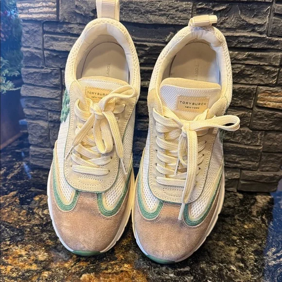 Tory Burch GOOD LUCK TRAINER Cream and Green Sneakers - Picture 2 of 5